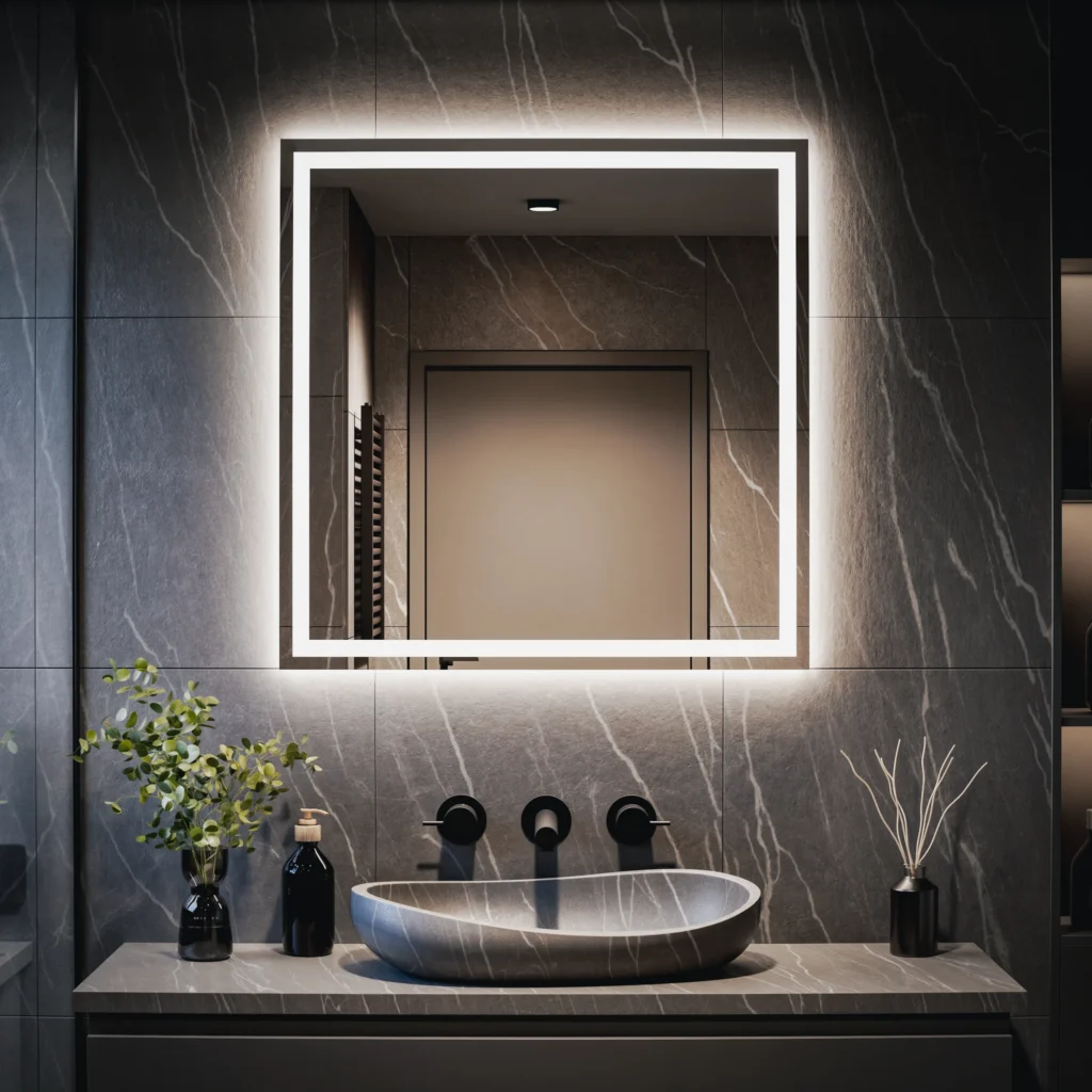 Quadratischer, maßgefertigter Badezimmerspiegel mit LED-Beleuchtung – Afrodyta