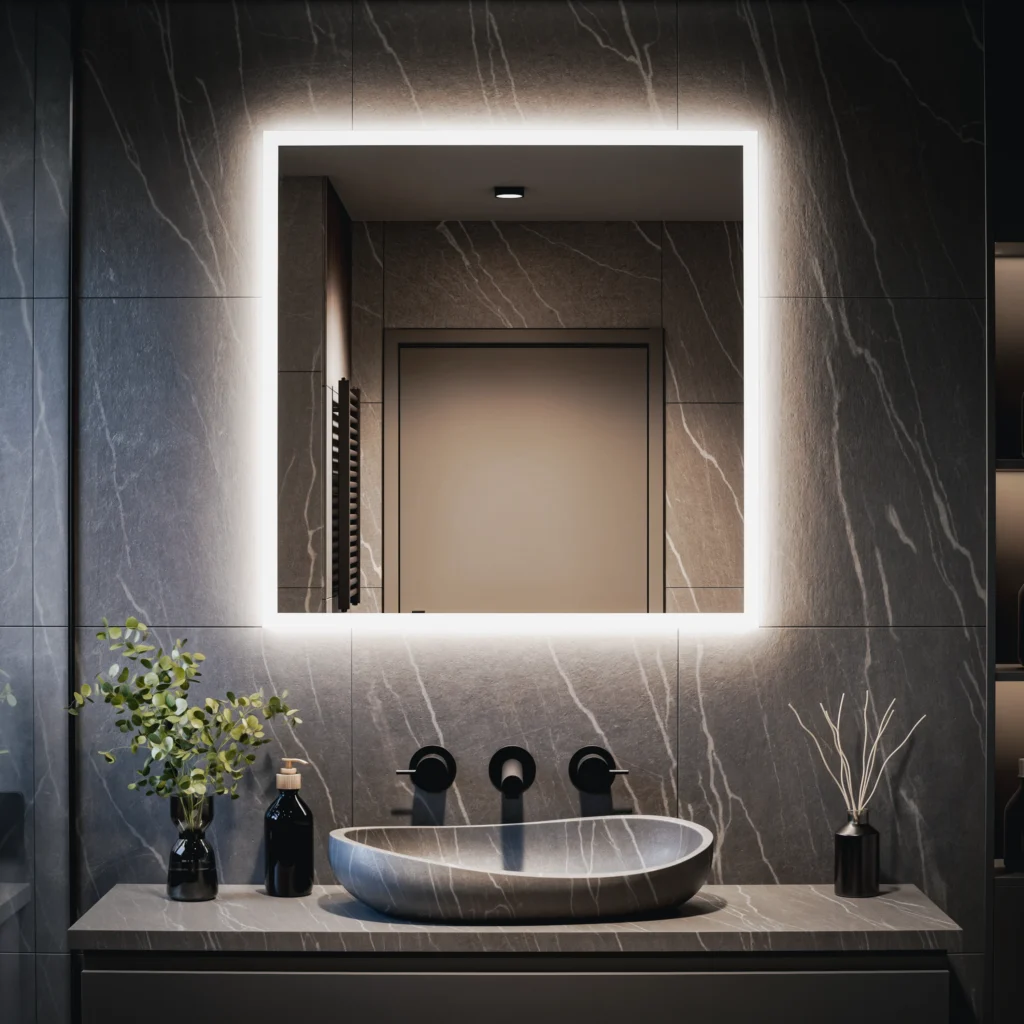 Quadratischer, maßgefertigter Badezimmerspiegel mit LED-Beleuchtung – Atena
