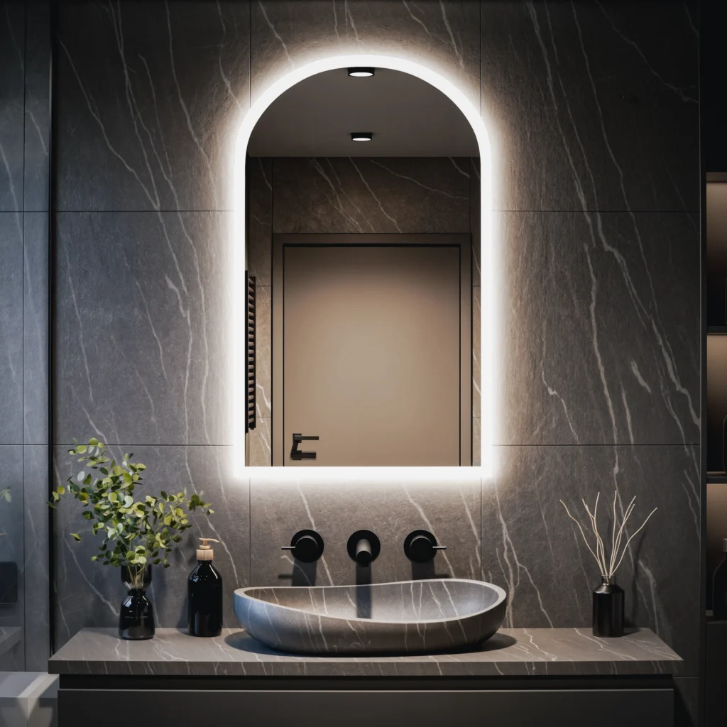 Halbovaler Spiegel mit LED-Hintergrundbeleuchtung, maßgefertigt – Atena