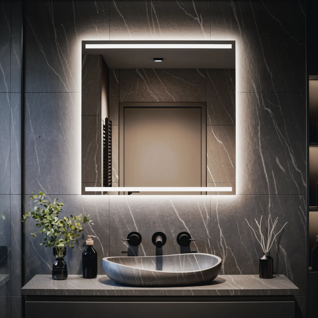 Quadratischer, maßgefertigter Badezimmerspiegel mit LED-Beleuchtung – Hades