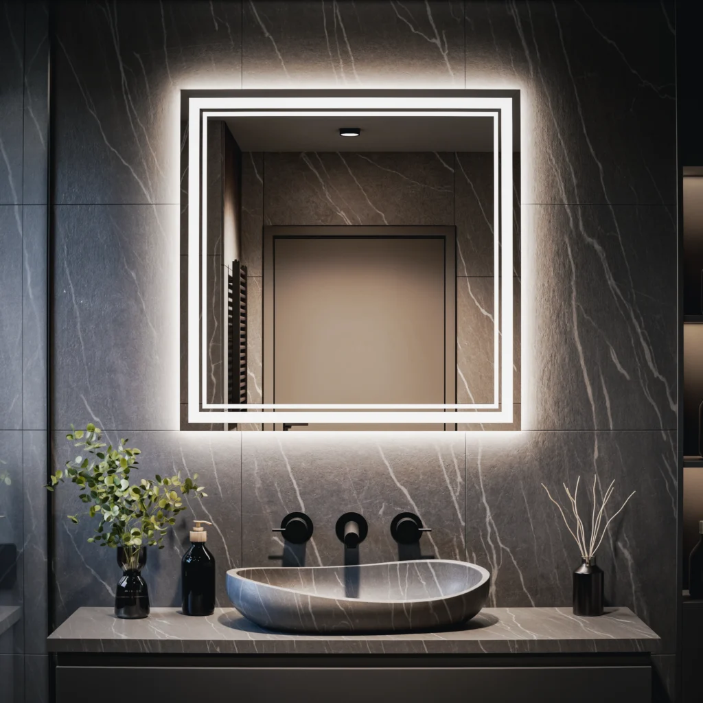Quadratischer, maßgefertigter Badezimmerspiegel mit LED-Beleuchtung – Hermes