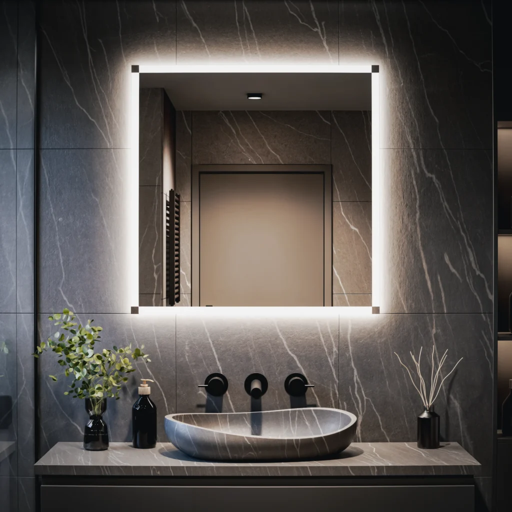 Quadratischer, maßgefertigter Badezimmerspiegel mit LED-Beleuchtung – Selene
