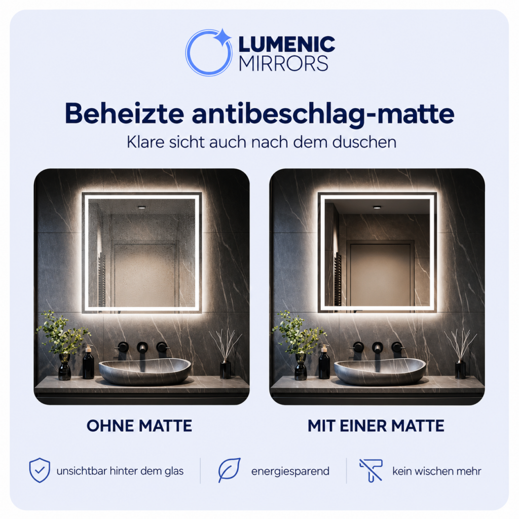LED-Spiegel ohne und mit beheizter Anti-Beschlag-Matte nach dem Duschen im Vergleich
