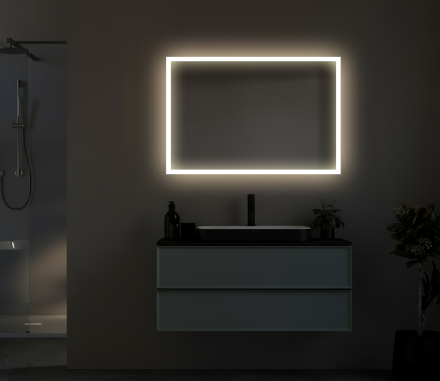 LED-Badspiegel mit Frontbeleuchtung, passend zur Breite des Waschtisches