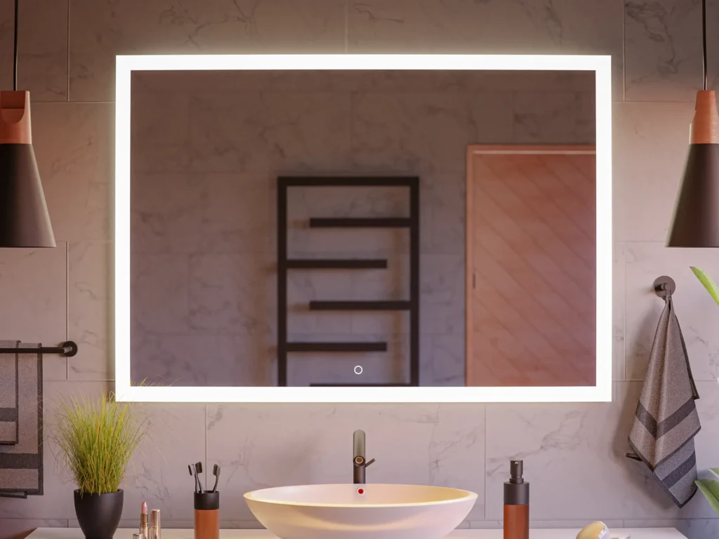 LED-Badspiegel mit umlaufender Beleuchtung und Touch-Schalter über einem Waschtisch